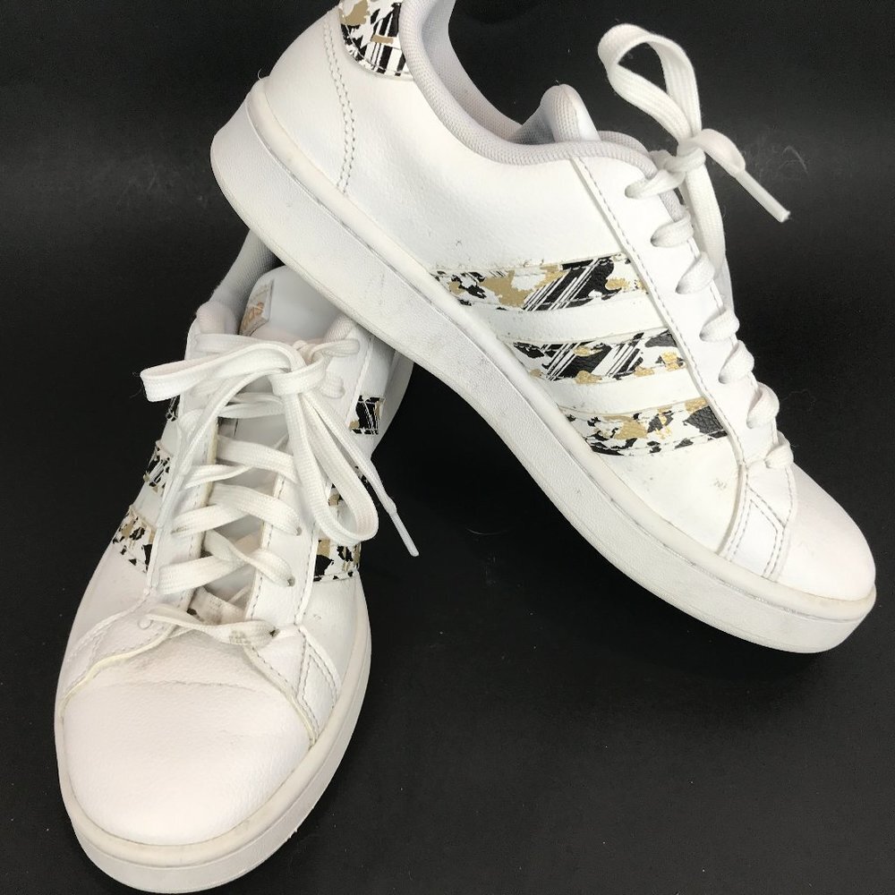 Women's Adidas White Leather Sneakers with black and gold accents, US 8.5